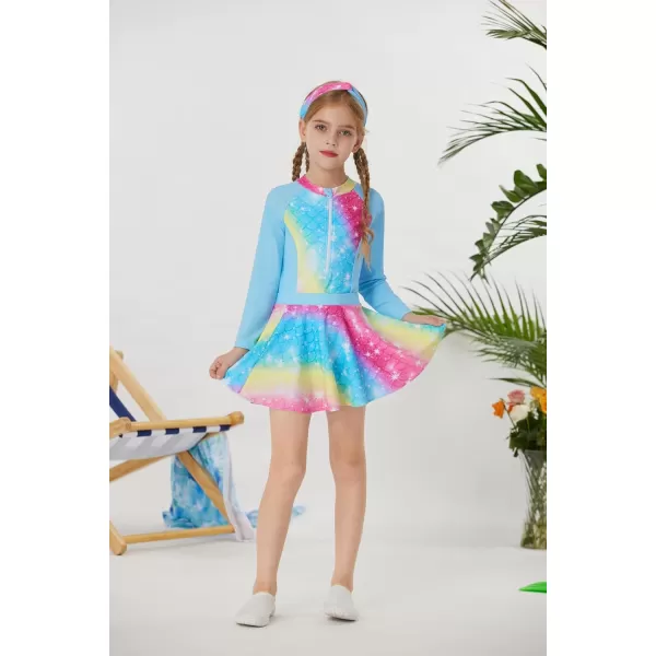 GRACE KARIN Girls Long Sleeve Swimsuit Size 512 Kids Bathing Suit One Piece Swimwear with Skirt Rash Guard Set with HeadbandBlue Rainbow Strip