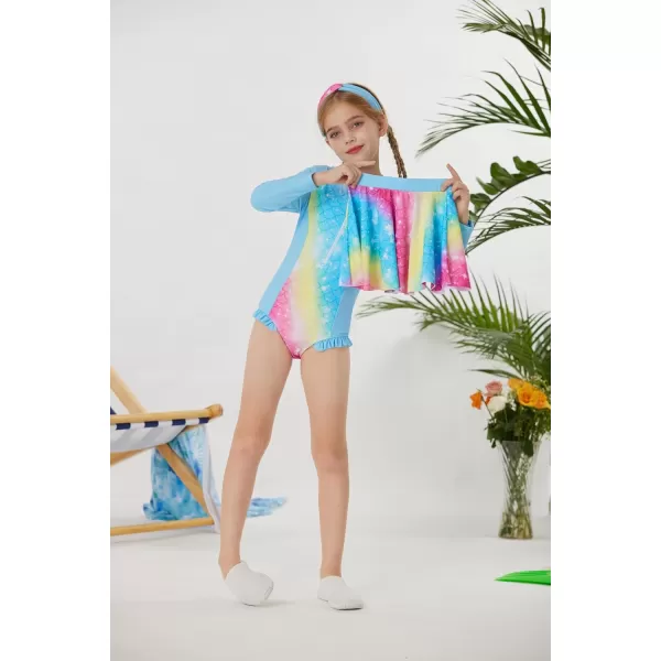 GRACE KARIN Girls Long Sleeve Swimsuit Size 512 Kids Bathing Suit One Piece Swimwear with Skirt Rash Guard Set with HeadbandBlue Rainbow Strip