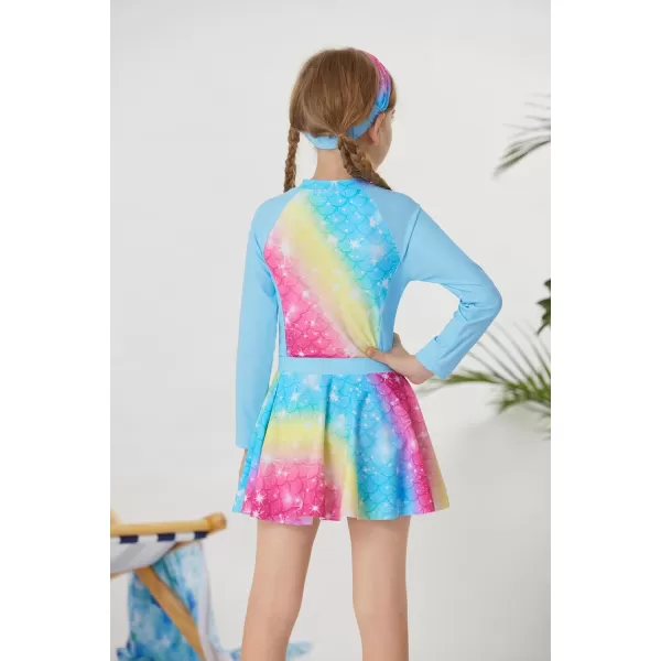 GRACE KARIN Girls Long Sleeve Swimsuit Size 512 Kids Bathing Suit One Piece Swimwear with Skirt Rash Guard Set with HeadbandBlue Rainbow Strip