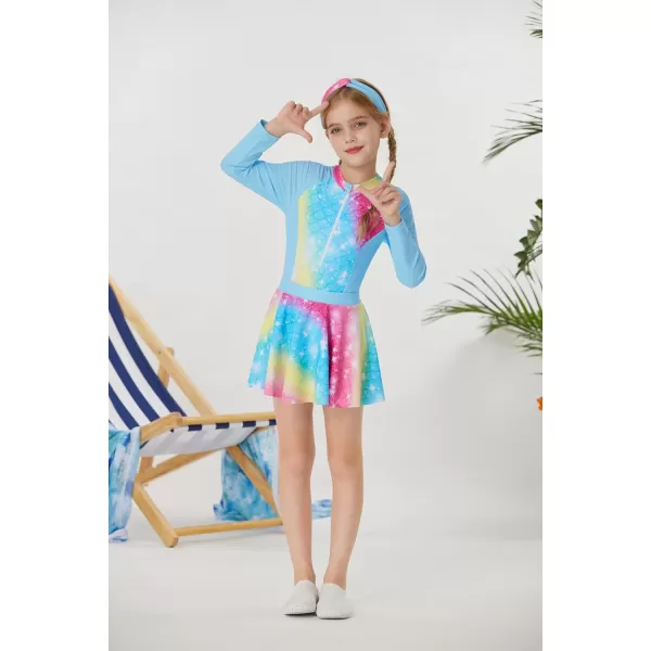 GRACE KARIN Girls Long Sleeve Swimsuit Size 512 Kids Bathing Suit One Piece Swimwear with Skirt Rash Guard Set with HeadbandBlue Rainbow Strip
