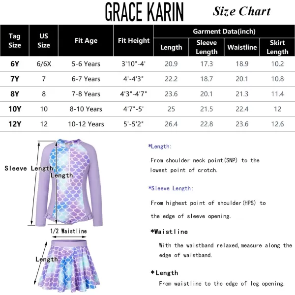 GRACE KARIN Girls Long Sleeve Swimsuit Size 512 Kids Bathing Suit One Piece Swimwear with Skirt Rash Guard Set with HeadbandBlue Rainbow Strip