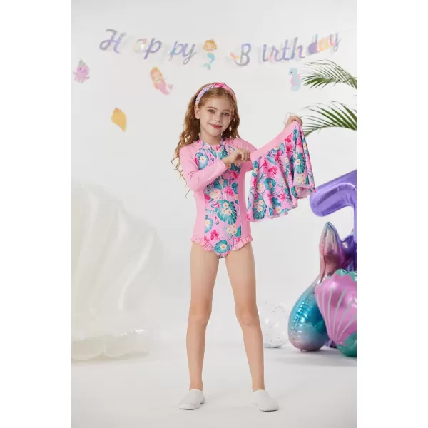 GRACE KARIN Girls Long Sleeve Swimsuit Size 512 Kids Bathing Suit One Piece Swimwear with Skirt Rash Guard Set with HeadbandPink Tropical Flower