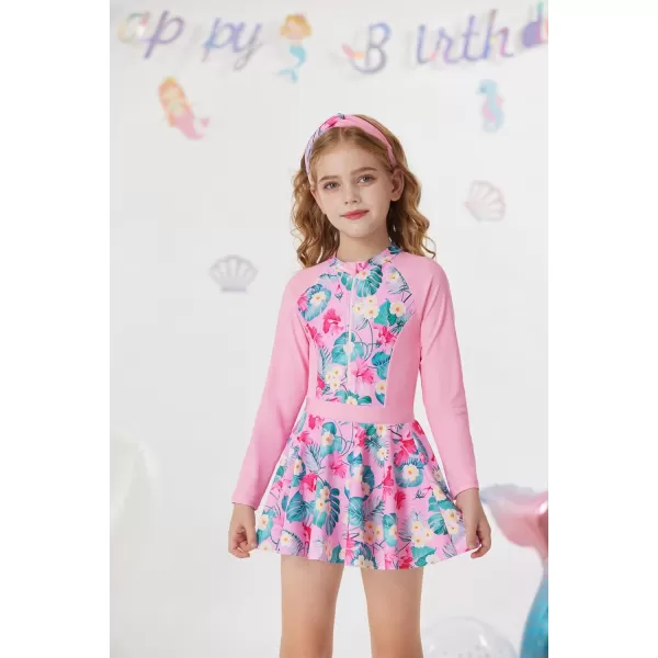 GRACE KARIN Girls Long Sleeve Swimsuit Size 512 Kids Bathing Suit One Piece Swimwear with Skirt Rash Guard Set with HeadbandPink Tropical Flower