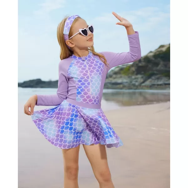 GRACE KARIN Girls Long Sleeve Swimsuit Size 512 Kids Bathing Suit One Piece Swimwear with Skirt Rash Guard Set with HeadbandPurple Scale