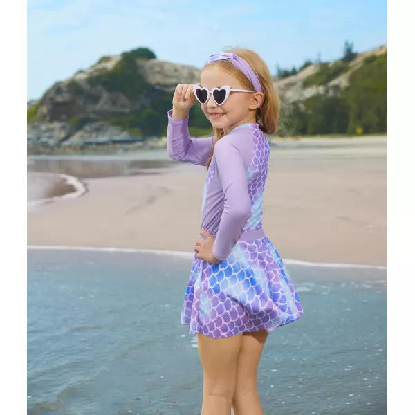 GRACE KARIN Girls Long Sleeve Swimsuit Size 512 Kids Bathing Suit One Piece Swimwear with Skirt Rash Guard Set with HeadbandPurple Scale