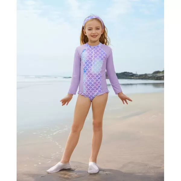 GRACE KARIN Girls Long Sleeve Swimsuit Size 512 Kids Bathing Suit One Piece Swimwear with Skirt Rash Guard Set with HeadbandPurple Scale