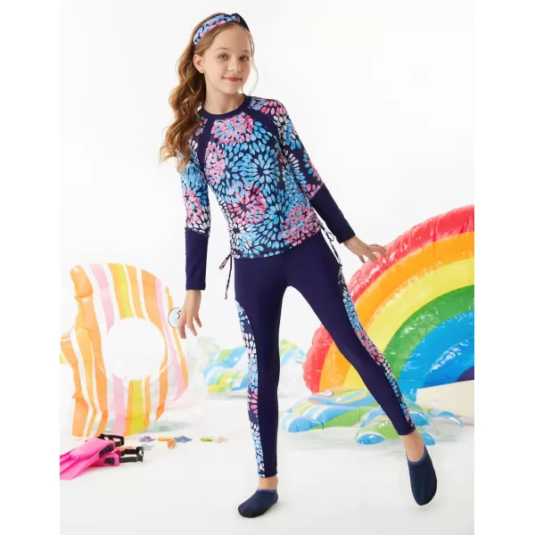 GRACE KARIN Girls Long Sleeve Swimsuit Two Piece Rashguard Floral Swimwear 612YNavy