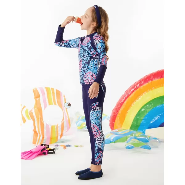 GRACE KARIN Girls Long Sleeve Swimsuit Two Piece Rashguard Floral Swimwear 612YNavy