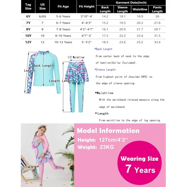 GRACE KARIN Girls Long Sleeve Swimsuit Two Piece Rashguard Floral Swimwear 614YBlue Mermaid