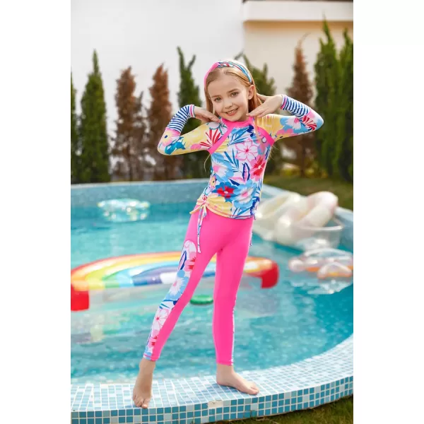 GRACE KARIN Girls Long Sleeve Swimsuit Two Piece Rashguard Floral Swimwear 614YHot Pink