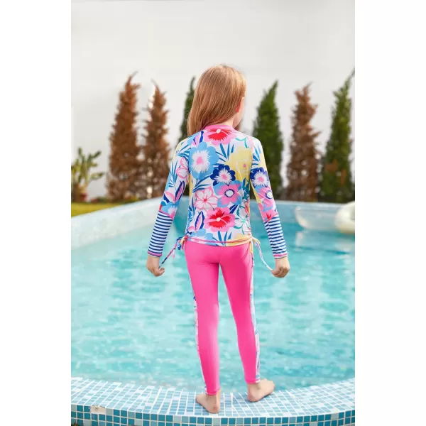 GRACE KARIN Girls Long Sleeve Swimsuit Two Piece Rashguard Floral Swimwear 614YHot Pink