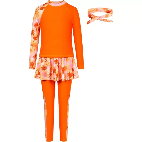 GRACE KARIN Girls Long Sleeve Swimsuit Two Piece Rashguard Floral Swimwear 614YOrange