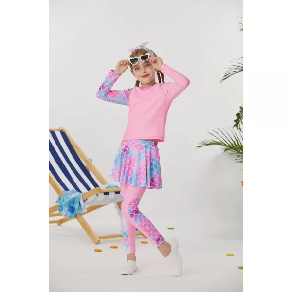 GRACE KARIN Girls Long Sleeve Swimsuit Two Piece Rashguard Floral Swimwear 614YPink Mermaid