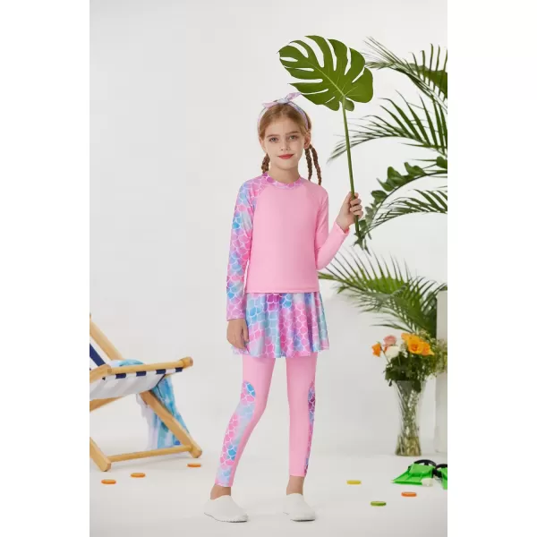 GRACE KARIN Girls Long Sleeve Swimsuit Two Piece Rashguard Floral Swimwear 614YPink Mermaid