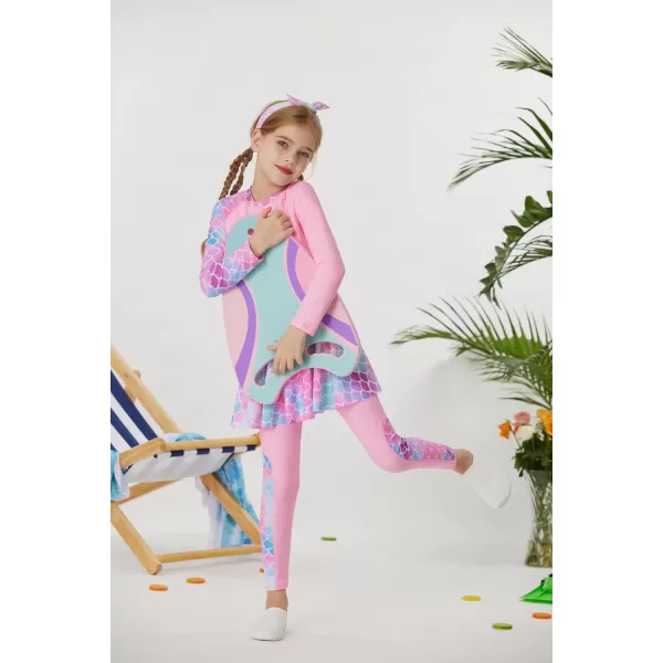 GRACE KARIN Girls Long Sleeve Swimsuit Two Piece Rashguard Floral Swimwear 614YPink Mermaid