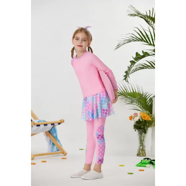 GRACE KARIN Girls Long Sleeve Swimsuit Two Piece Rashguard Floral Swimwear 614YPink Mermaid