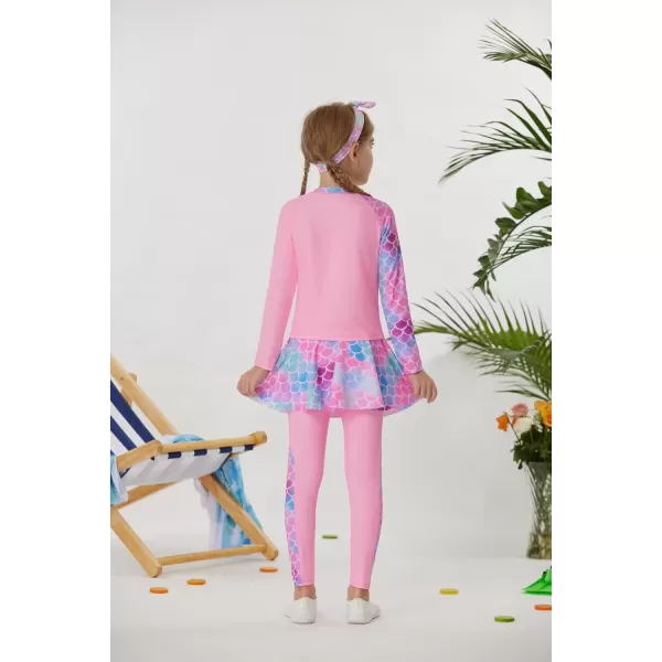 GRACE KARIN Girls Long Sleeve Swimsuit Two Piece Rashguard Floral Swimwear 614YPink Mermaid
