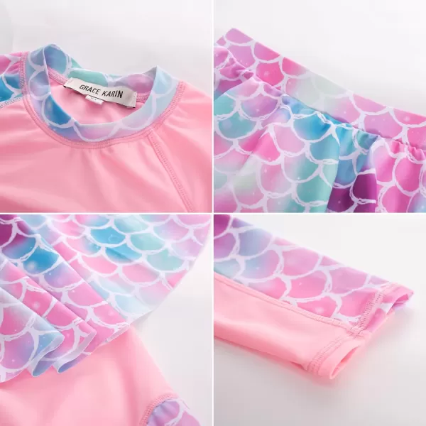 GRACE KARIN Girls Long Sleeve Swimsuit Two Piece Rashguard Floral Swimwear 614YPink Mermaid