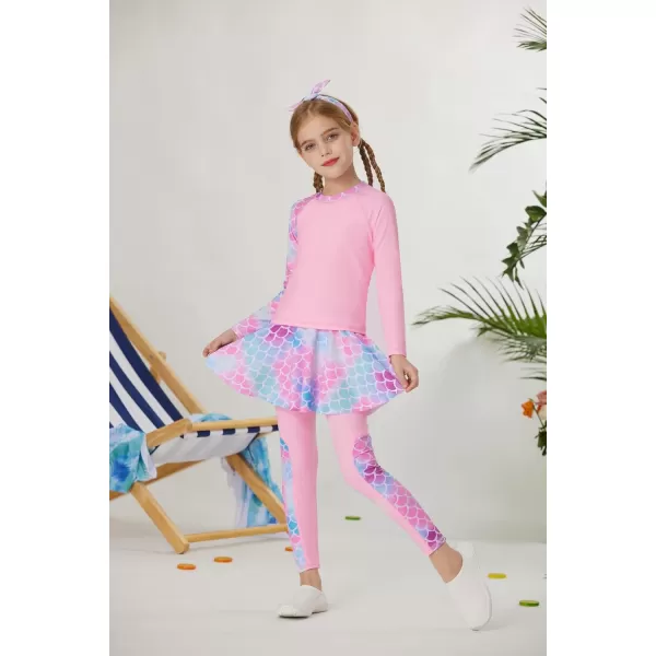 GRACE KARIN Girls Long Sleeve Swimsuit Two Piece Rashguard Floral Swimwear 614YPink Mermaid