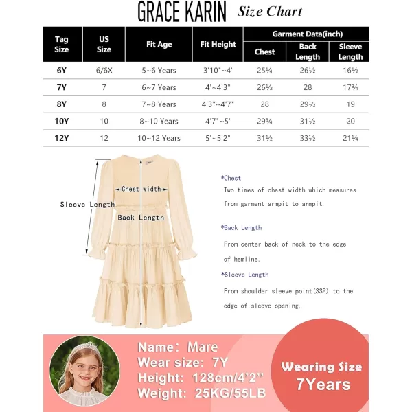 GRACE KARIN Girls Long Sleeves Dress Crew Neck Tiered A Line Dresses Size 512Apricot