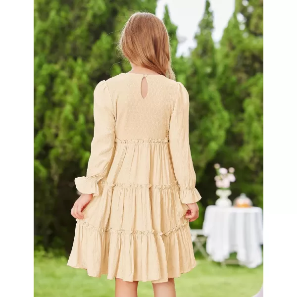 GRACE KARIN Girls Long Sleeves Dress Crew Neck Tiered A Line Dresses Size 512Apricot