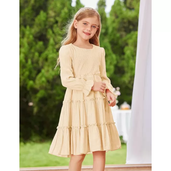 GRACE KARIN Girls Long Sleeves Dress Crew Neck Tiered A Line Dresses Size 512Apricot