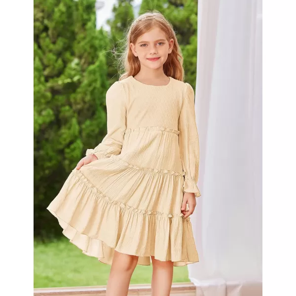 GRACE KARIN Girls Long Sleeves Dress Crew Neck Tiered A Line Dresses Size 512Apricot