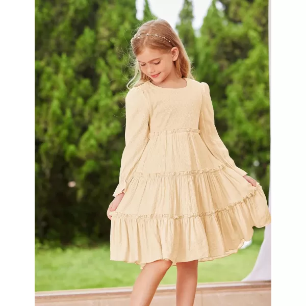 GRACE KARIN Girls Long Sleeves Dress Crew Neck Tiered A Line Dresses Size 512Apricot