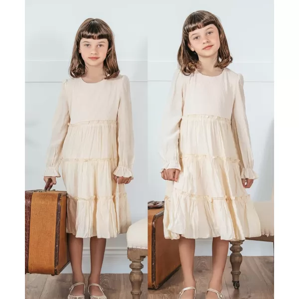 GRACE KARIN Girls Long Sleeves Dress Crew Neck Tiered A Line Dresses Size 512Apricot