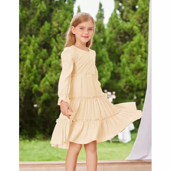 GRACE KARIN Girls Long Sleeves Dress Crew Neck Tiered A Line Dresses Size 512Apricot