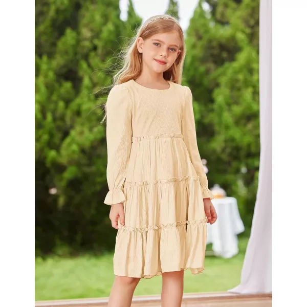 GRACE KARIN Girls Long Sleeves Dress Crew Neck Tiered A Line Dresses Size 512Apricot