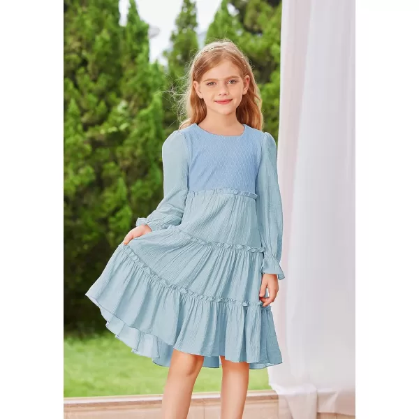 GRACE KARIN Girls Long Sleeves Dress Crew Neck Tiered A Line Dresses Size 512Light Blue