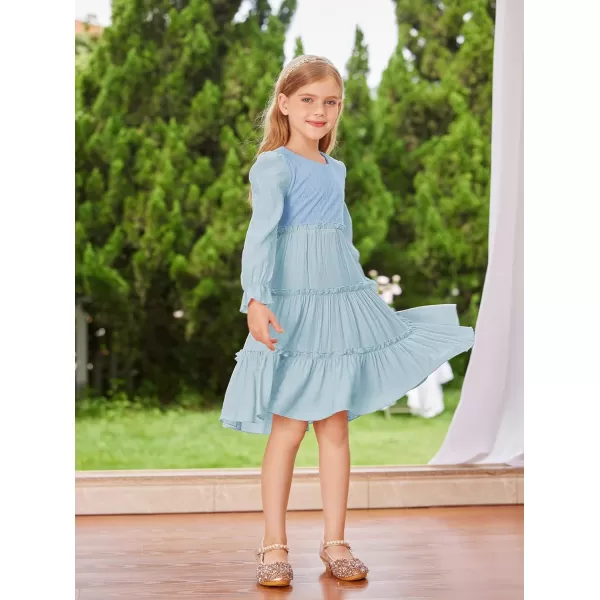 GRACE KARIN Girls Long Sleeves Dress Crew Neck Tiered A Line Dresses Size 512Light Blue