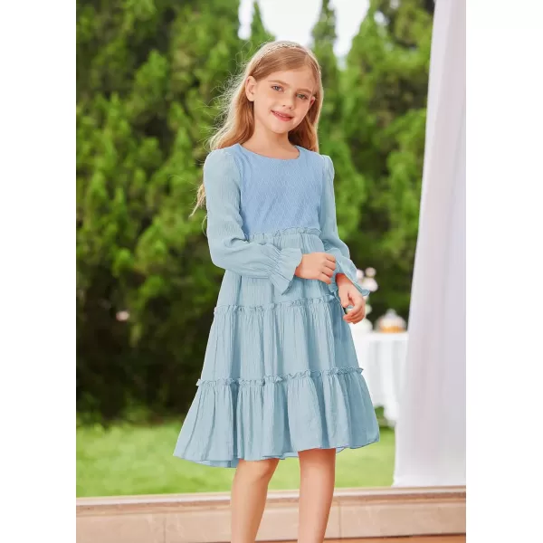 GRACE KARIN Girls Long Sleeves Dress Crew Neck Tiered A Line Dresses Size 512Light Blue