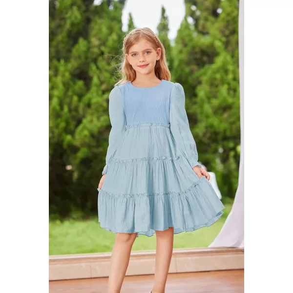 GRACE KARIN Girls Long Sleeves Dress Crew Neck Tiered A Line Dresses Size 512Light Blue