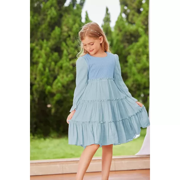 GRACE KARIN Girls Long Sleeves Dress Crew Neck Tiered A Line Dresses Size 512Light Blue