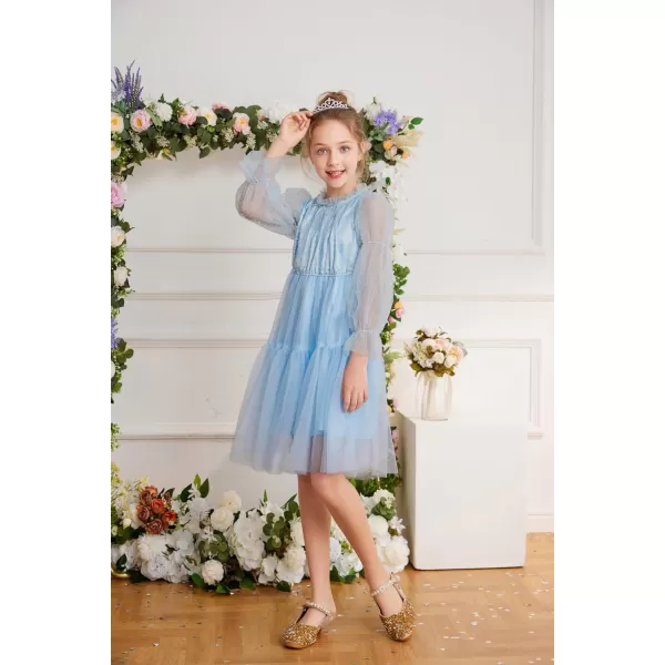 GRACE KARIN Girls Mesh Long Sleeve Dress Flared High Waist Party Dresses 512YLight Blue