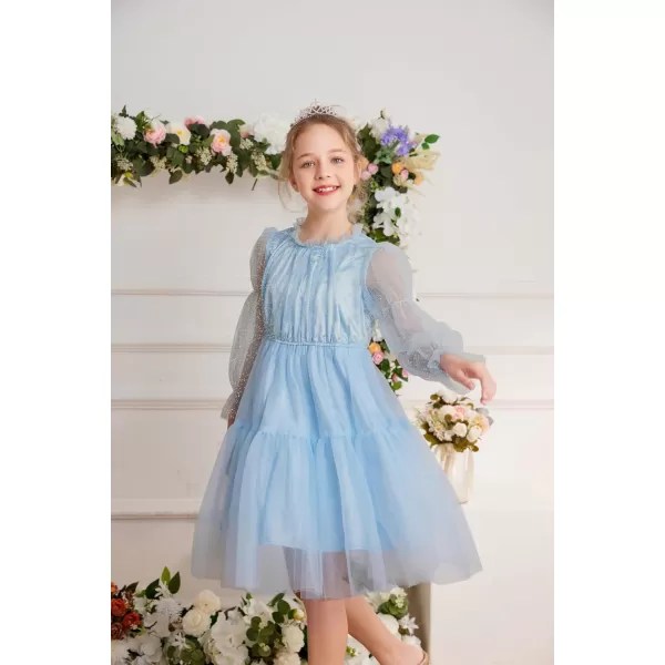 GRACE KARIN Girls Mesh Long Sleeve Dress Flared High Waist Party Dresses 512YLight Blue