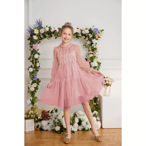 GRACE KARIN Girls Mesh Long Sleeve Dress Flared High Waist Party Dresses 512YPink