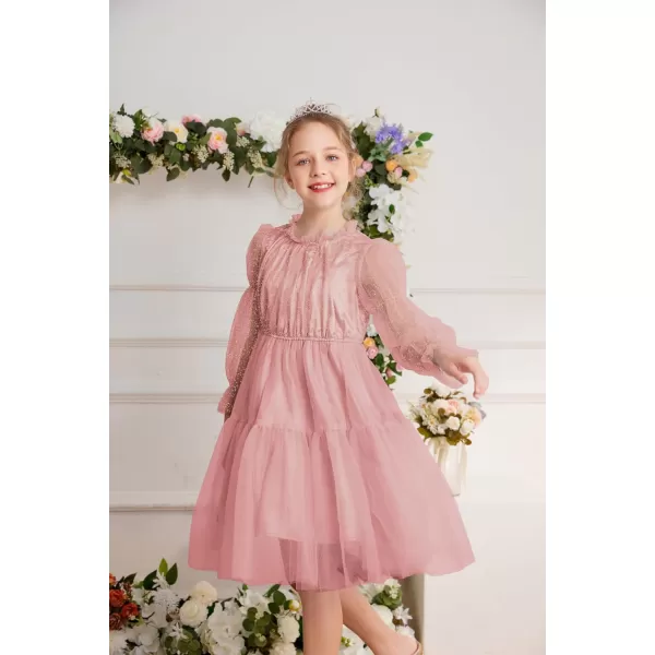 GRACE KARIN Girls Mesh Long Sleeve Dress Flared High Waist Party Dresses 512YPink