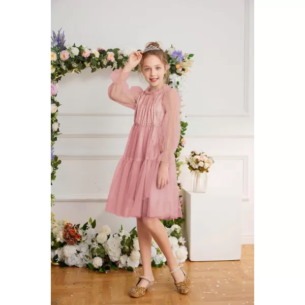 GRACE KARIN Girls Mesh Long Sleeve Dress Flared High Waist Party Dresses 512YPink