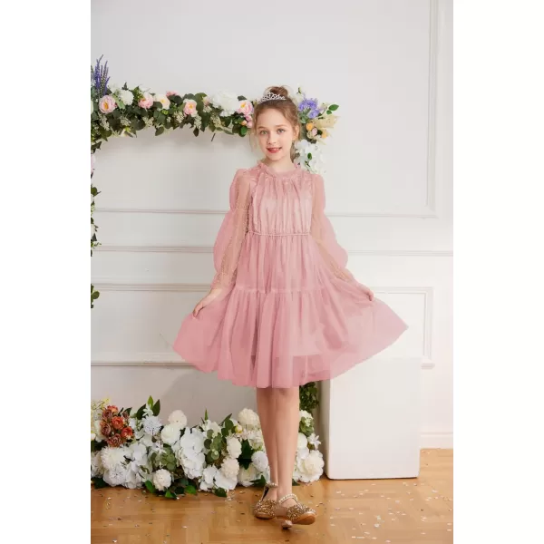 GRACE KARIN Girls Mesh Long Sleeve Dress Flared High Waist Party Dresses 512YPink