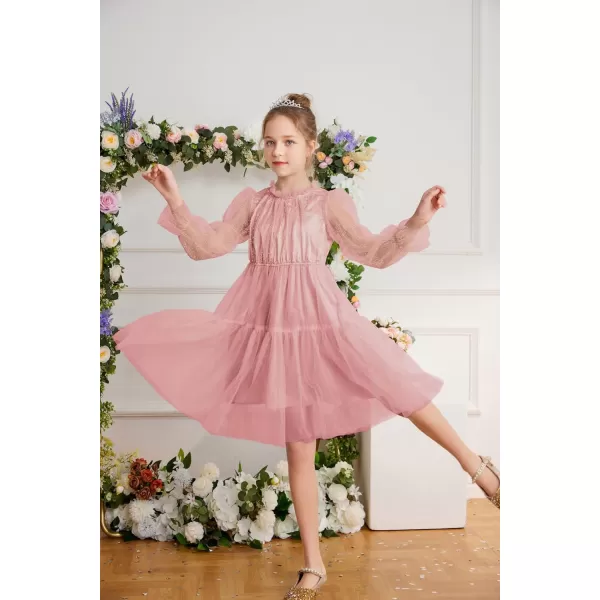 GRACE KARIN Girls Mesh Long Sleeve Dress Flared High Waist Party Dresses 512YPink