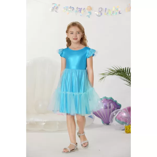 GRACE KARIN Girls Metallic Dress Double Ruffle Sleeve Party Shiny Sparkle Mesh Dress Size 512Blue