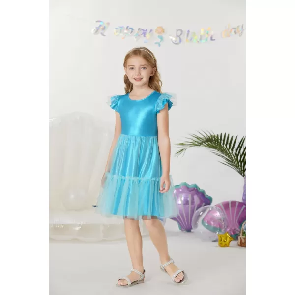 GRACE KARIN Girls Metallic Dress Double Ruffle Sleeve Party Shiny Sparkle Mesh Dress Size 512Blue