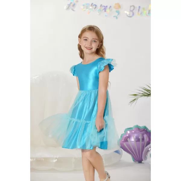 GRACE KARIN Girls Metallic Dress Double Ruffle Sleeve Party Shiny Sparkle Mesh Dress Size 512Blue