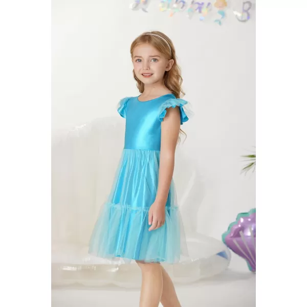 GRACE KARIN Girls Metallic Dress Double Ruffle Sleeve Party Shiny Sparkle Mesh Dress Size 512Blue