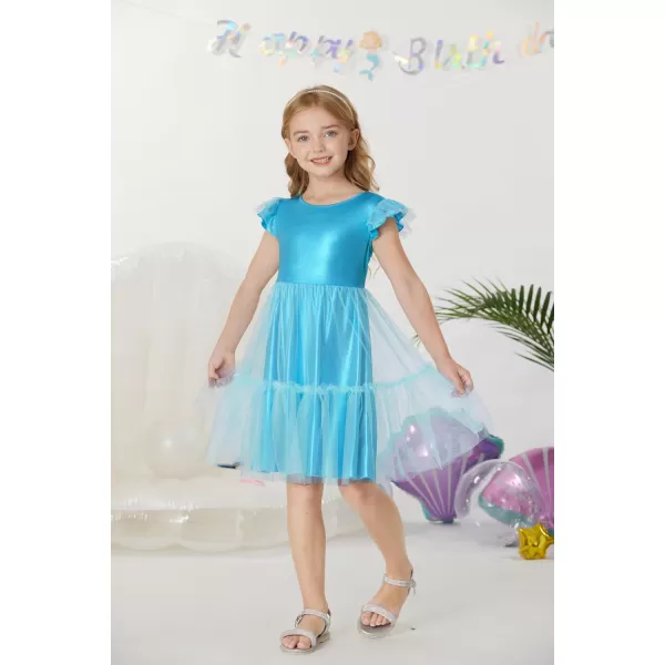 GRACE KARIN Girls Metallic Dress Double Ruffle Sleeve Party Shiny Sparkle Mesh Dress Size 512Blue