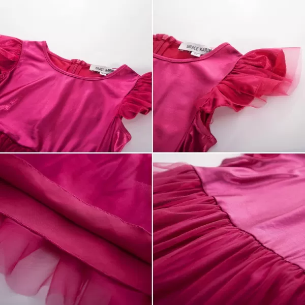 GRACE KARIN Girls Metallic Dress Double Ruffle Sleeve Party Shiny Sparkle Mesh Dress Size 512Hot Pink