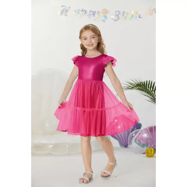 GRACE KARIN Girls Metallic Dress Double Ruffle Sleeve Party Shiny Sparkle Mesh Dress Size 512Hot Pink